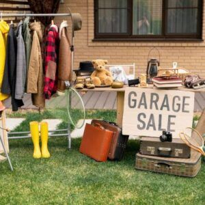 image displays a garage sale being held in preparation for a move in Blacksburg VA 